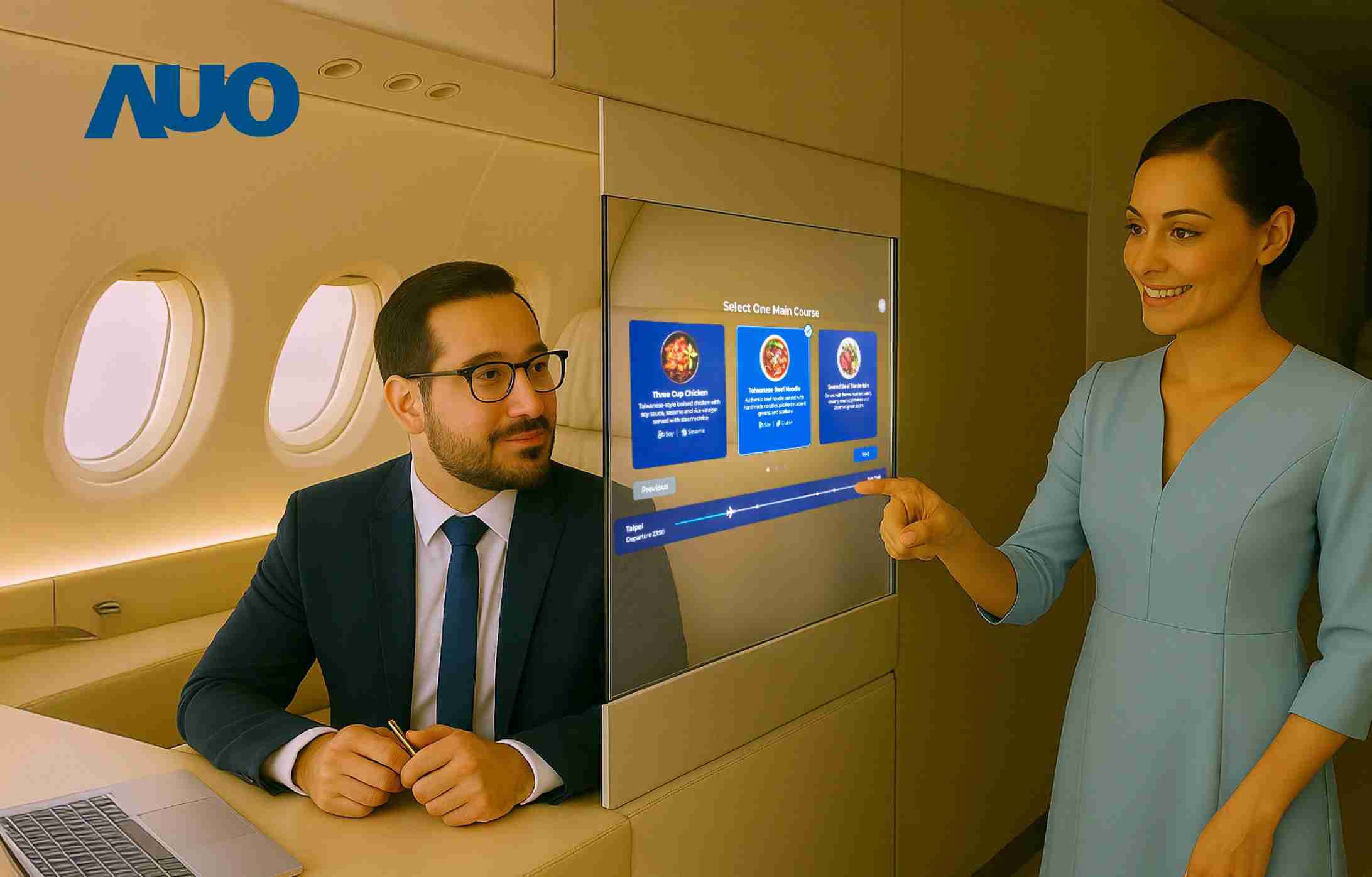 口袋牛店研发全球最薄17.3 吋双面透明 Micro LED 显示器，，，，可在同一屏幕之双边投射不同信息，，，创造独特的”透明化”互动；图为实时翻译交流应用情境